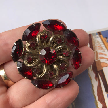 Vintage Round Red Rhinestone Brooch Jewelry Bloomers and Frocks
